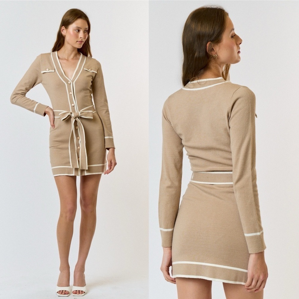 #185 Elegant Taupe Button-Up Dress with White Trim - New Boutique Item